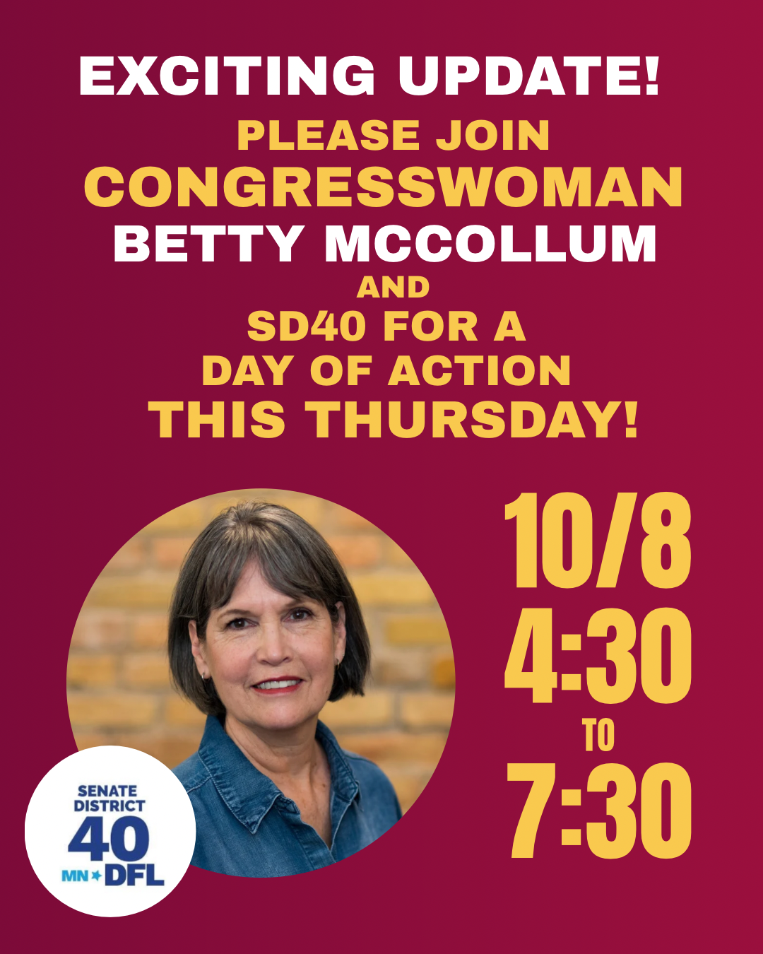 Congresswoman Betty McCollum joining SD40 for Day of Action October 8