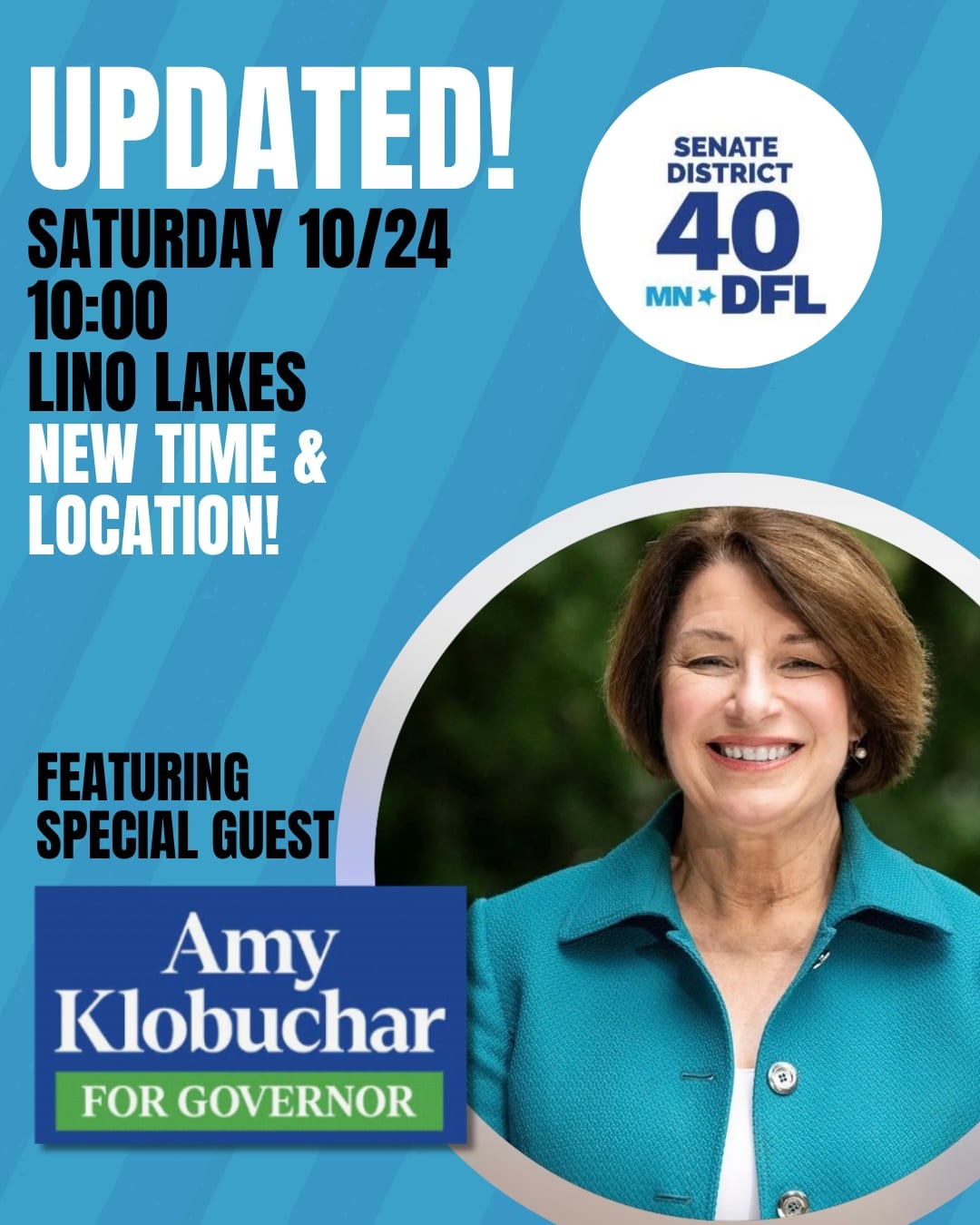 Updated day of action with Amy Klobuchar, Saturday, October 24, 10am in Lino Lakes